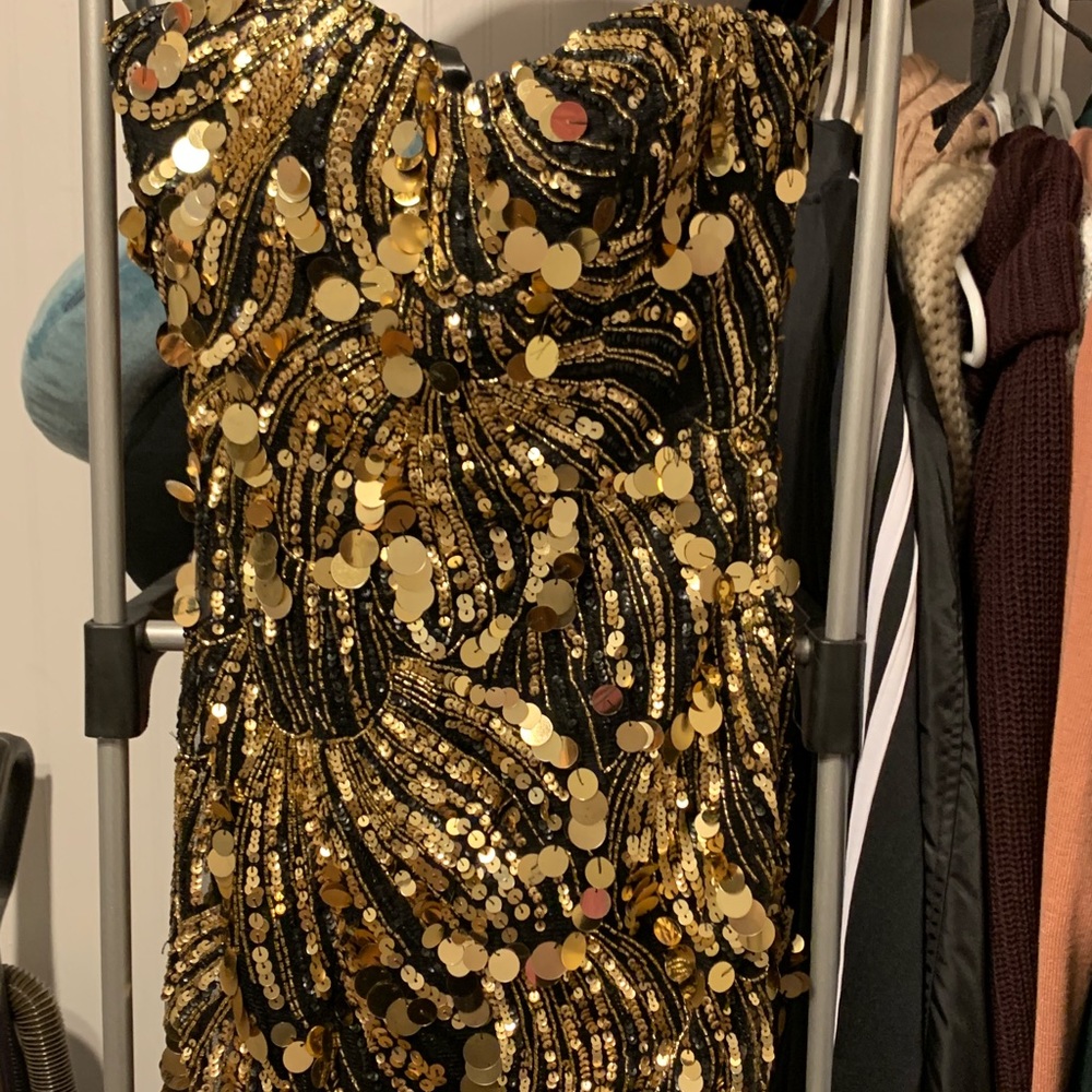 Sherri Hill Short Black Dress with Gold Sequins
